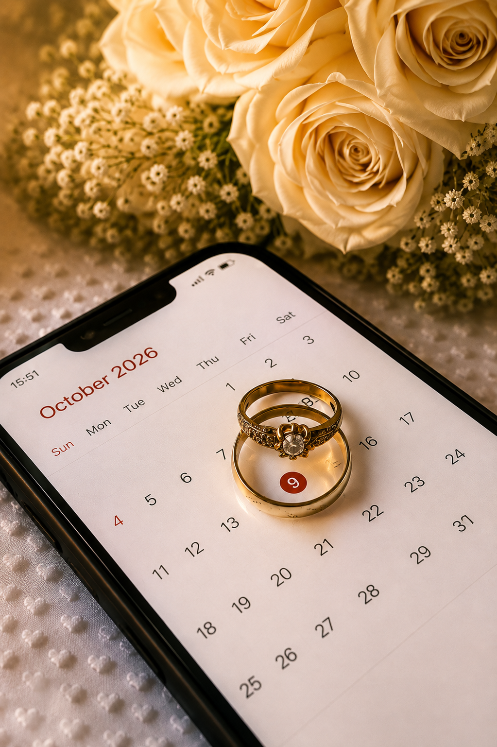 Wedding rings resting on an October 2026 calendar with ivory roses