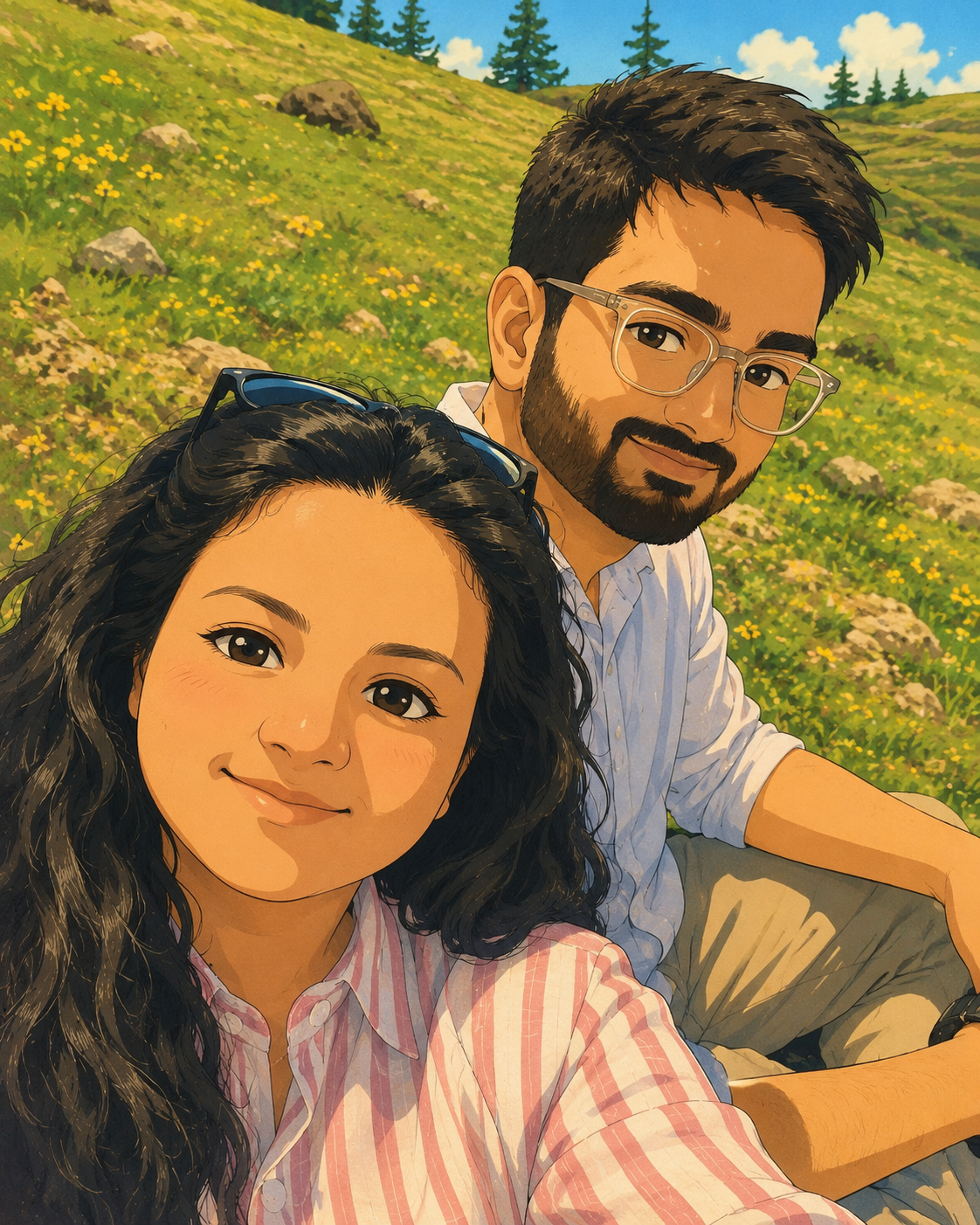 Chetan and Jasmine on a sunlit hillside