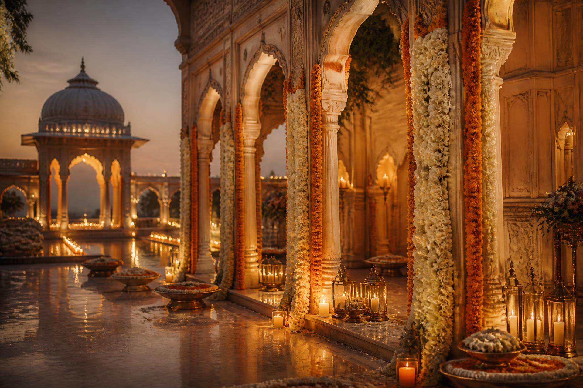 Candlelit palace courtyard draped in rose and marigold garlands